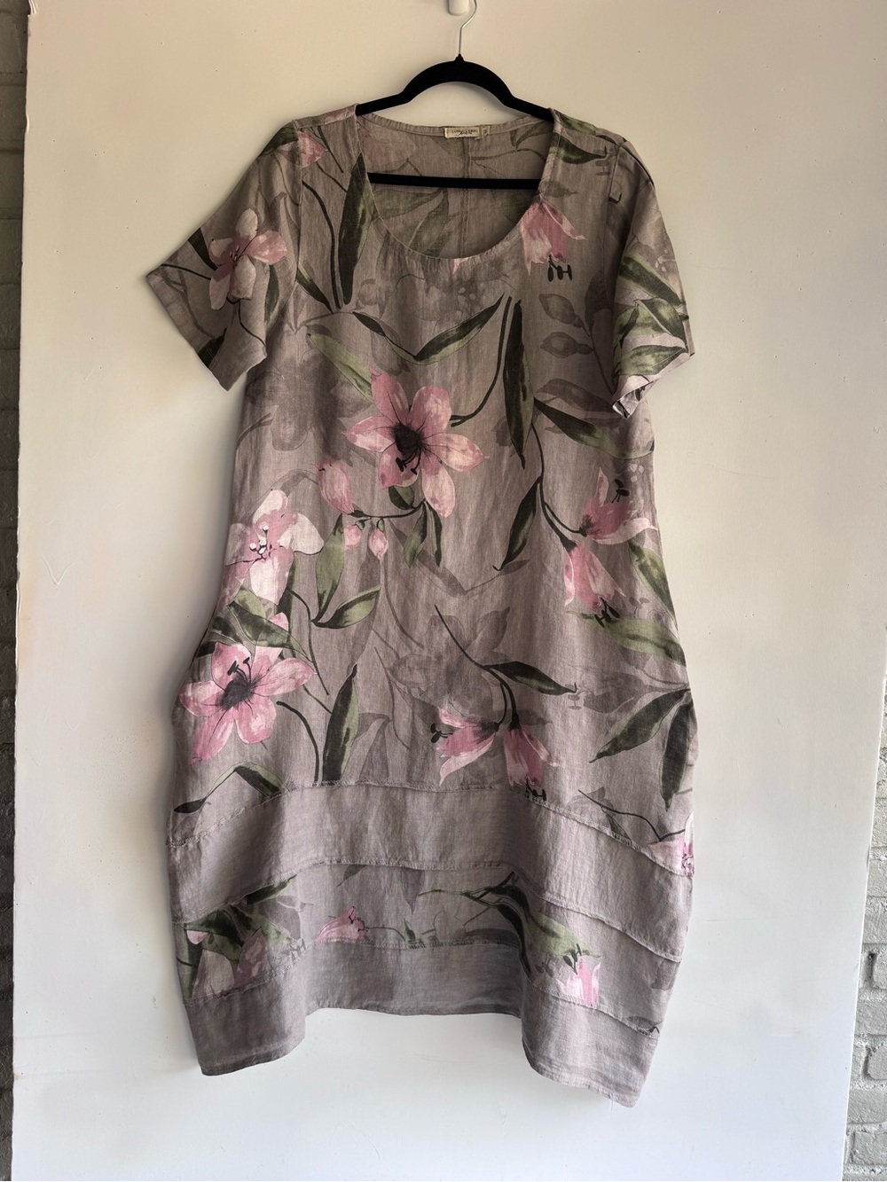 ITALIAN Linen Floral A line SS Dress Scoop Neckline Sz M Office Church Luncheon